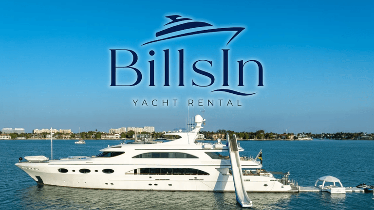 Luxury yacht on water with "BillsIn Yacht Rental" logo displayed above