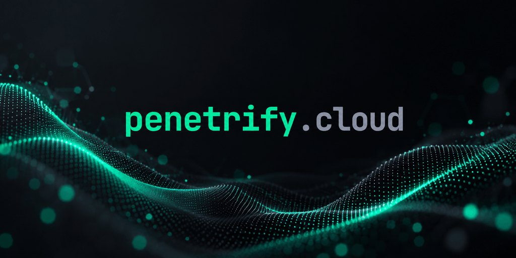 Abstract digital background with glowing green wave patterns and the text penet rif y.cloud