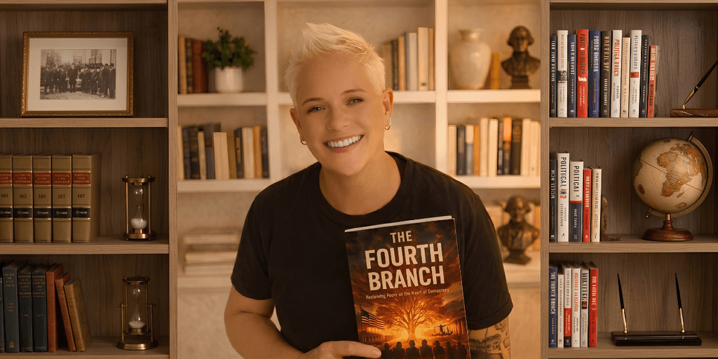 Person holding a book titled "The Fourth Branch" in a library setting