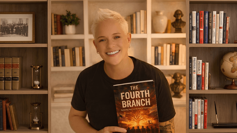 Person holding a book titled "The Fourth Branch" in a library setting