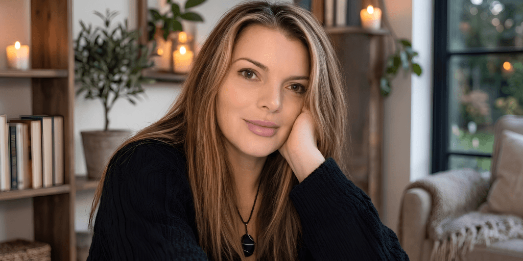 A woman with long hair smiles softly, leaning on her hand in a cozy room.