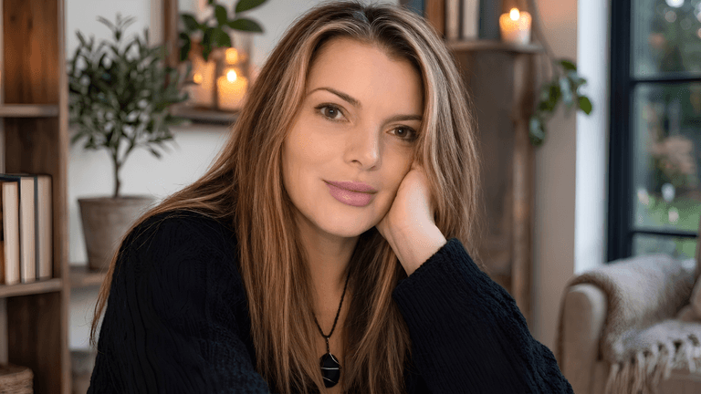 A woman with long hair smiles softly, leaning on her hand in a cozy room.