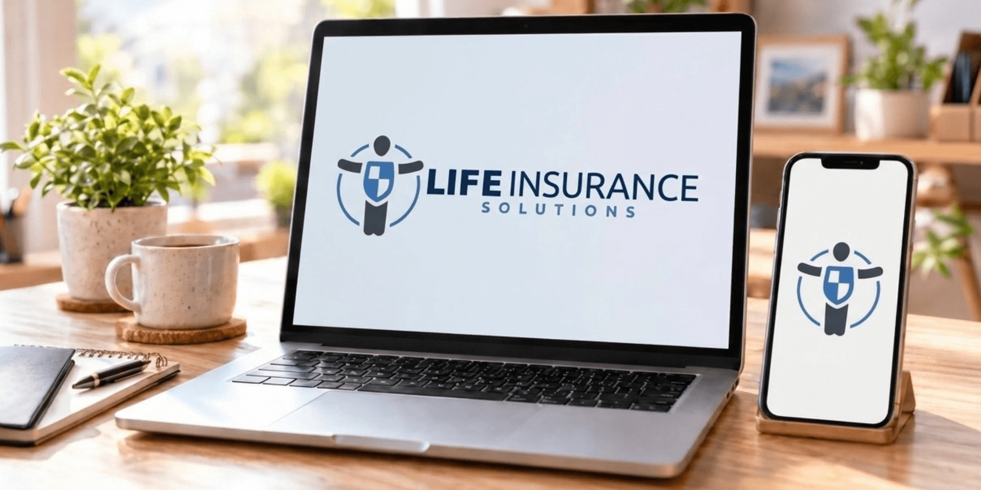 A laptop and smartphone display the logo for Life Insurance Solutions on a desk