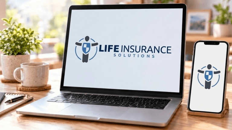 A laptop and smartphone display the logo for Life Insurance Solutions on a desk