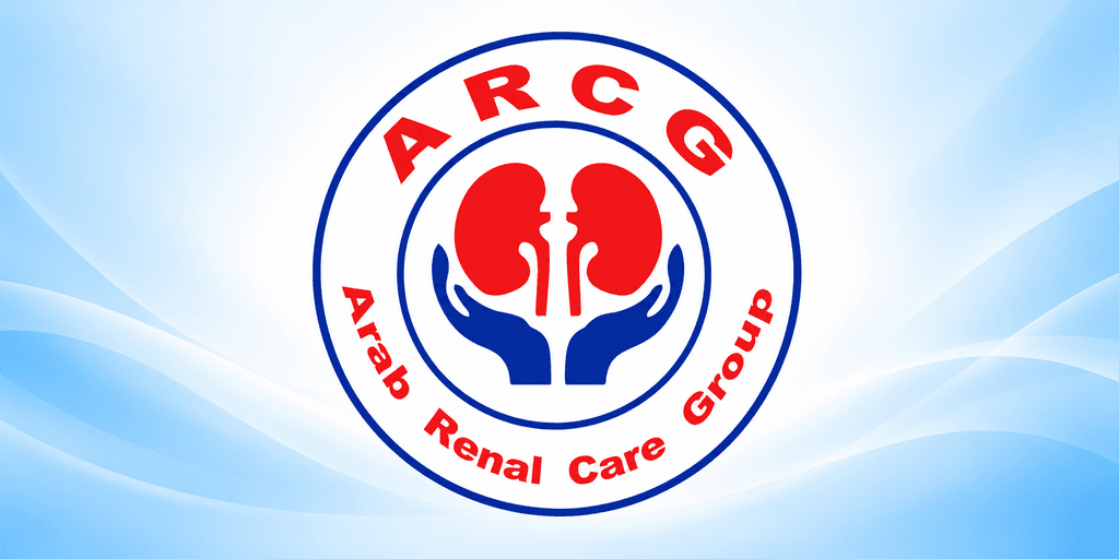 Logo of the Arab Renal Care Group featuring hands and kidneys on a blue background