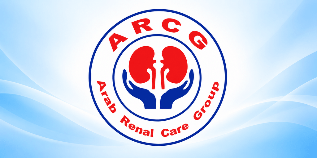 Logo of the Arab Renal Care Group featuring hands and kidneys on a blue background