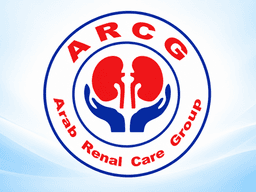 Logo of the Arab Renal Care Group featuring hands and kidneys on a blue background