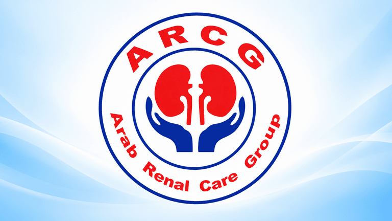 Logo of the Arab Renal Care Group featuring hands and kidneys on a blue background