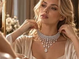 A woman admiring herself in a mirror while adjusting a stunning diamond necklace