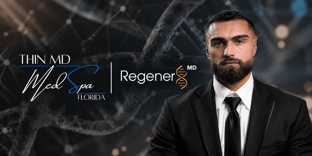 Portrait of a man in a suit with medical branding and a scientific background