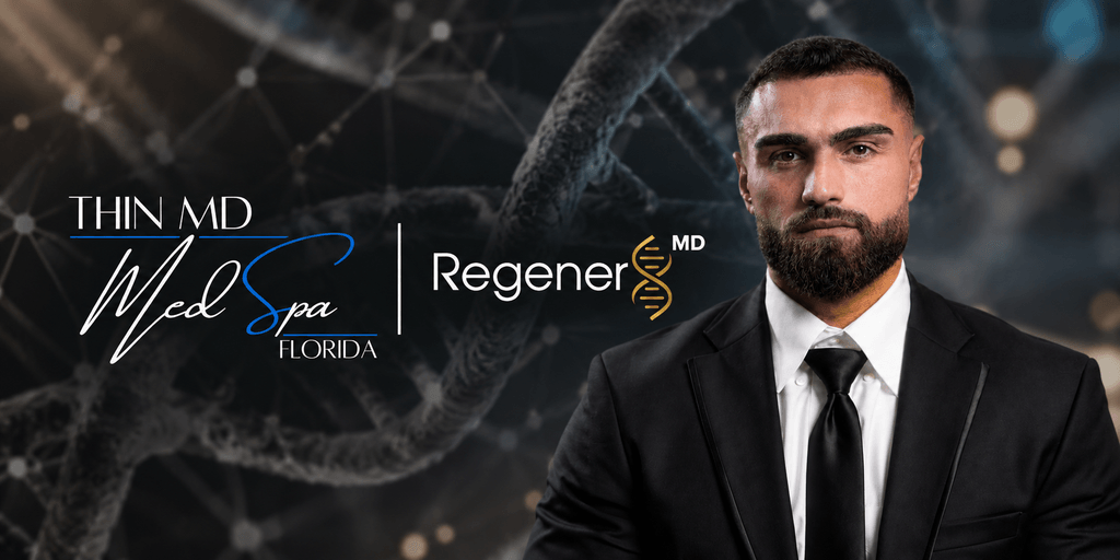 Portrait of a man in a suit with medical branding and a scientific background