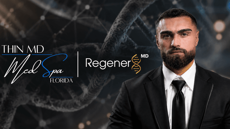 Portrait of a man in a suit with medical branding and a scientific background