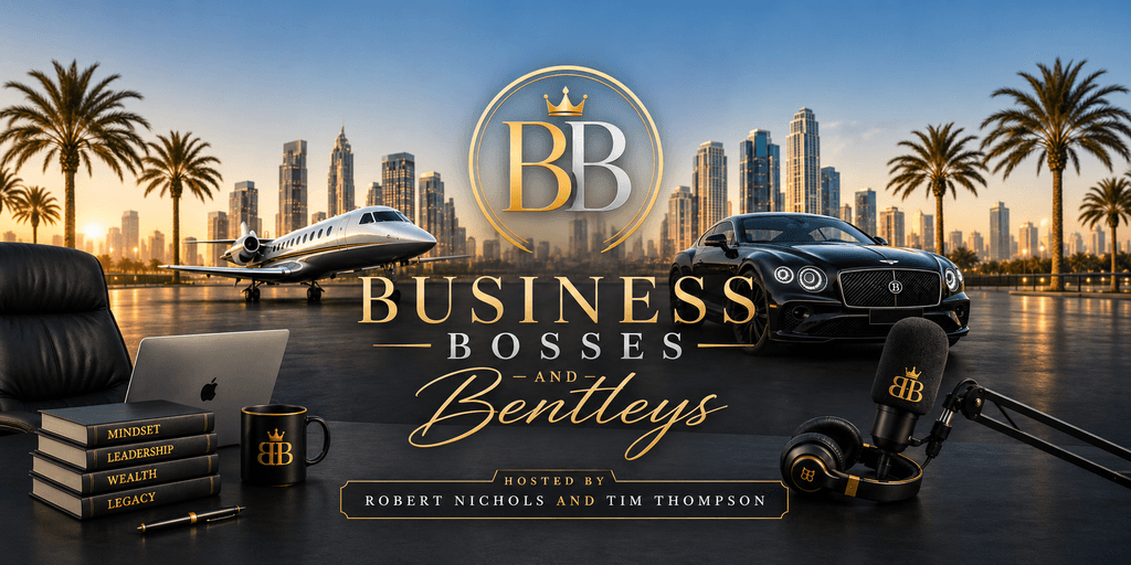 Stylish promotional graphic for "Business Bosses and Bentleys" with luxury cars and skyline backdrop