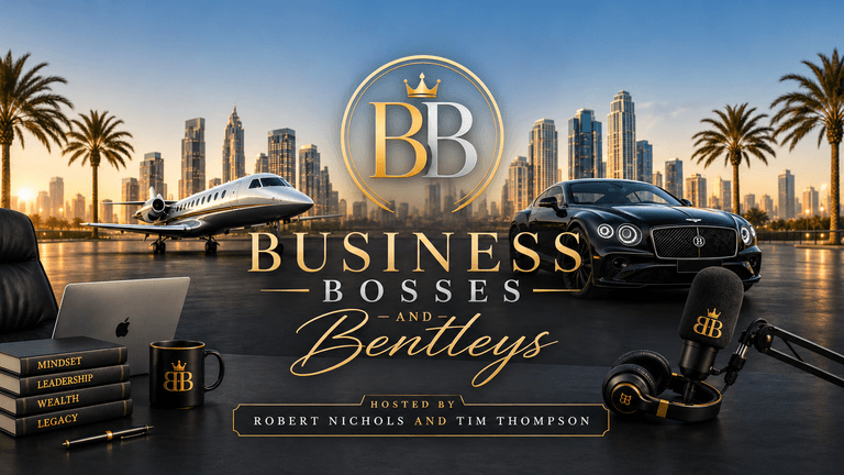 Stylish promotional graphic for "Business Bosses and Bentleys" with luxury cars and skyline backdrop