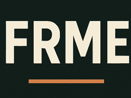 Text image featuring the letters "FRME" in bold, stylized typography on a dark background