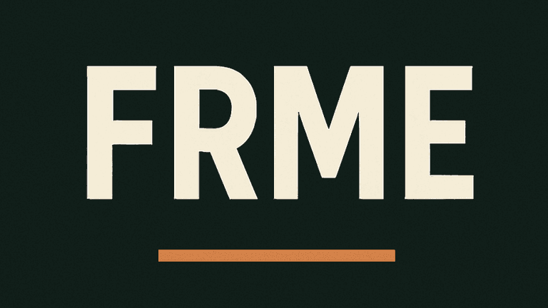 Text image featuring the letters "FRME" in bold, stylized typography on a dark background