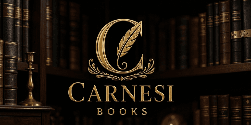 Logo of Carnesi Books featuring a stylized "C" and a feather on a dark background