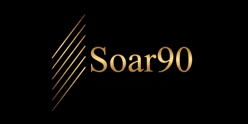 Golden text "Soar90" on a black background with diagonal lines.