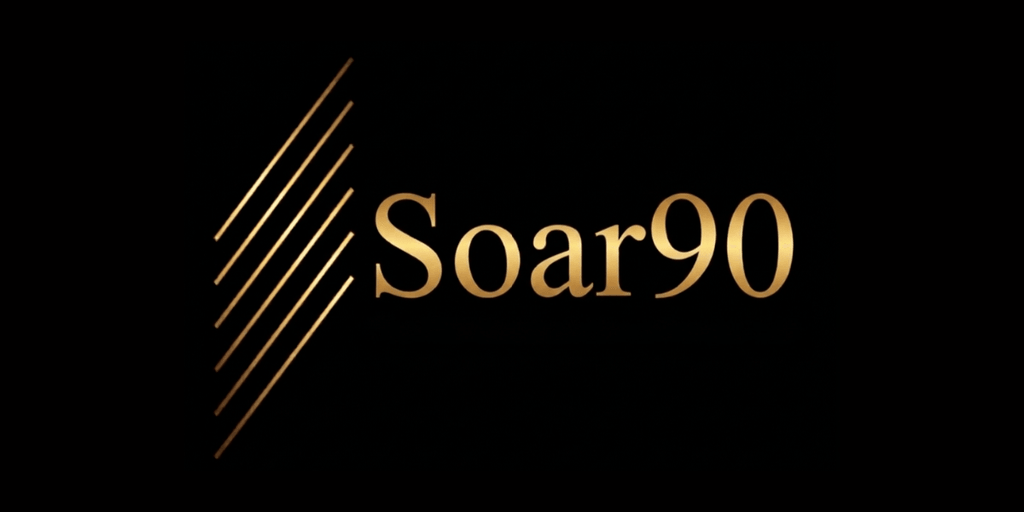 Golden text "Soar90" on a black background with diagonal lines.