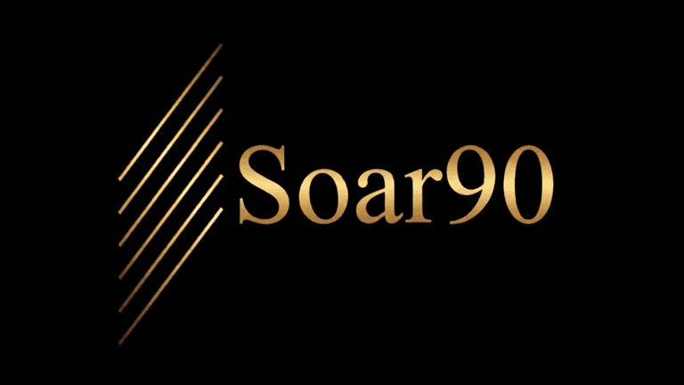 Golden text "Soar90" on a black background with diagonal lines.