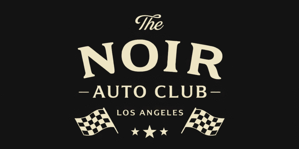 Logo of The Noir Auto Club, featuring vintage style and racing flags.