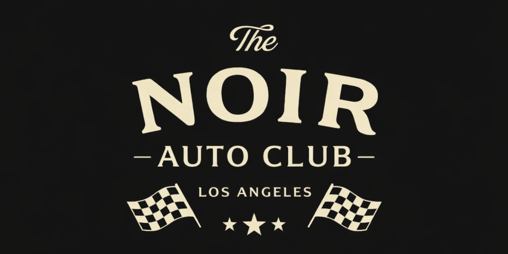 Logo of The Noir Auto Club, featuring vintage style and racing flags.