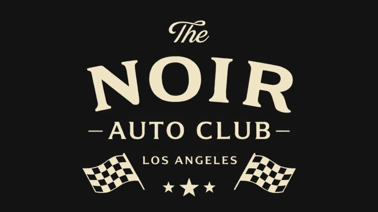 Logo of The Noir Auto Club, featuring vintage style and racing flags.