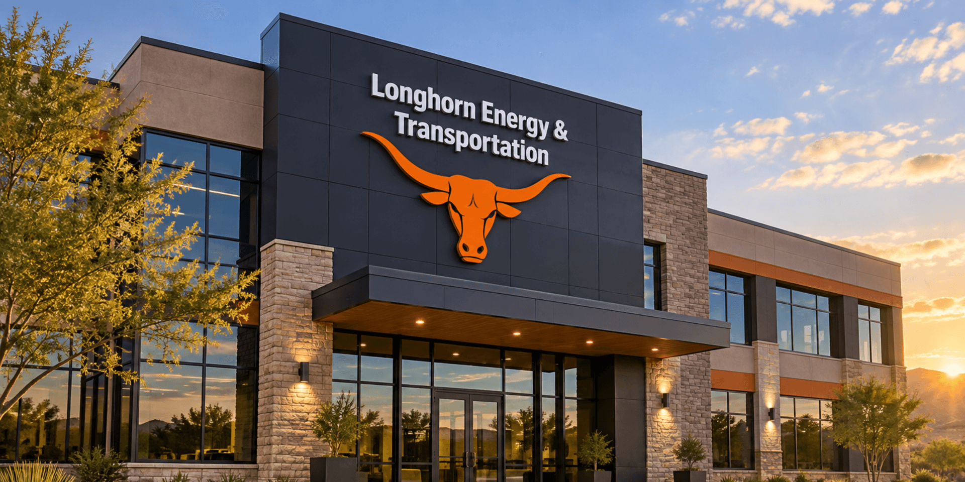 Modern building facade with Longhorn Energy & Transportation signage and decorative landscaping