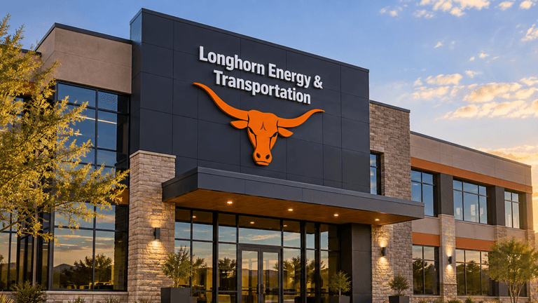 Modern building facade with Longhorn Energy & Transportation signage and decorative landscaping