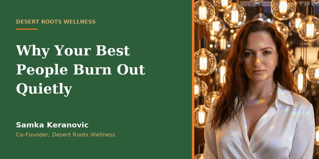A woman with long hair stands in front of decorative lights, promoting wellness.
