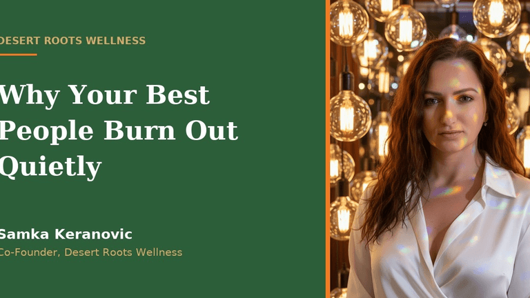 A woman with long hair stands in front of decorative lights, promoting wellness.