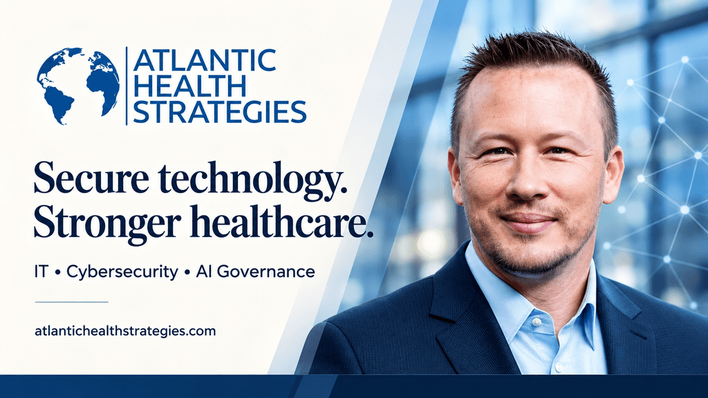 Professional male figure with a blue shirt beside a logo for Atlantic Health Strategies