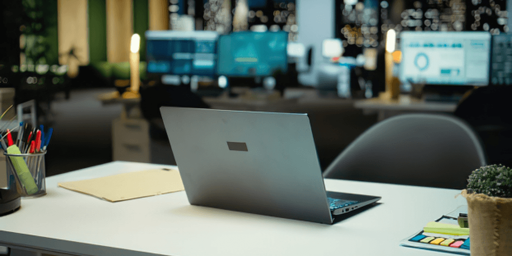 A laptop on a desk in a modern office with city lights in the background