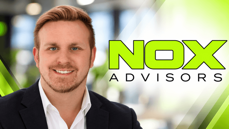 Smiling man in business attire beside logo for NOX Advisors in a modern setting