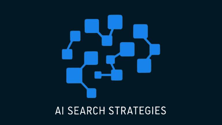 Abstract representation of connections with the text AI Search Strategies below them