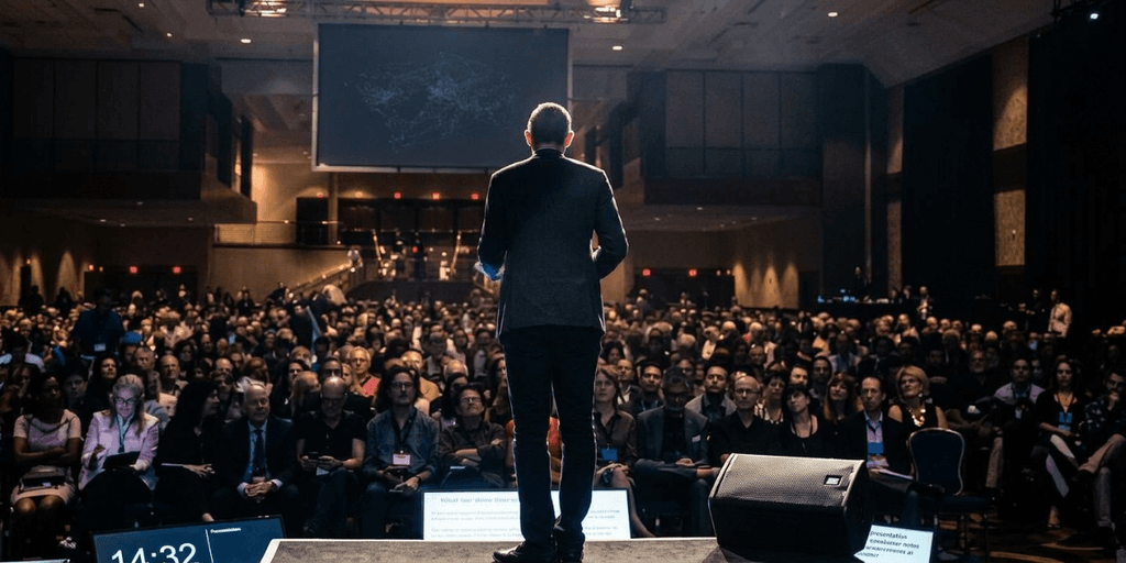 Speaker at a conference addressing a large audience in a dimly lit venue