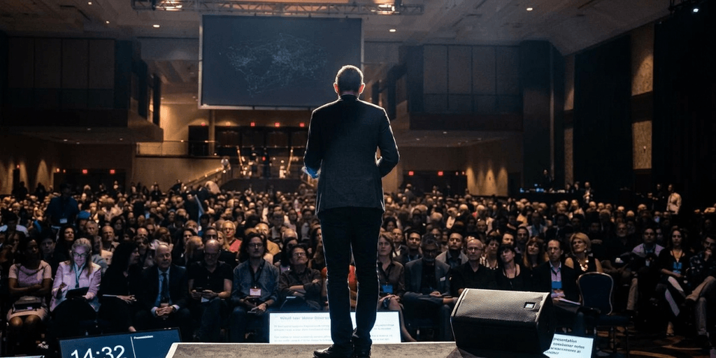 Speaker at a conference addressing a large audience in a dimly lit venue