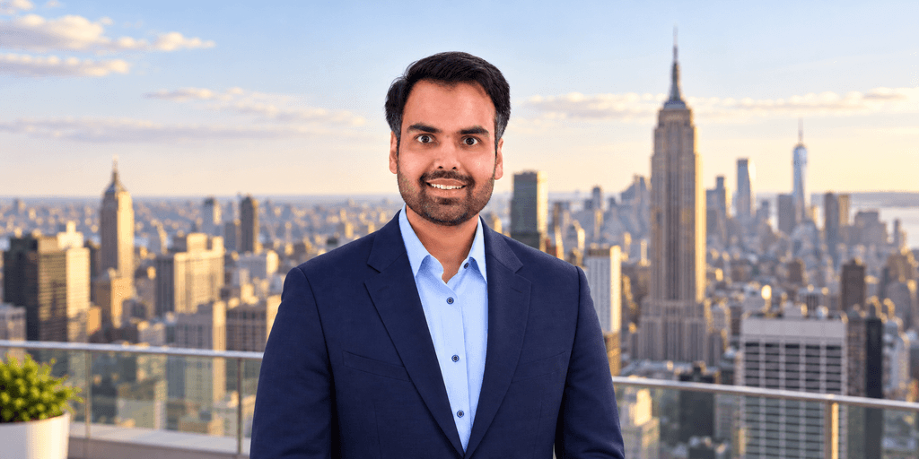 A man in a suit stands with a city skyline backdrop featuring skyscrapers