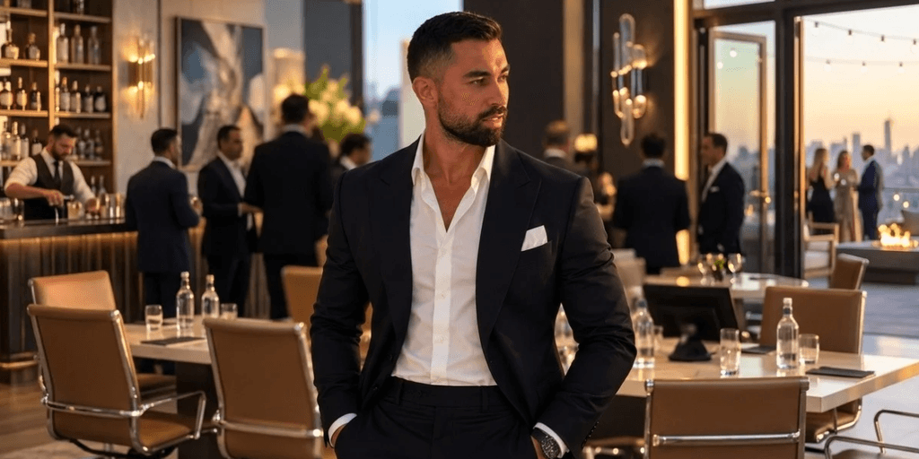 Man in a suit stands confidently in an elegant rooftop setting with guests mingling