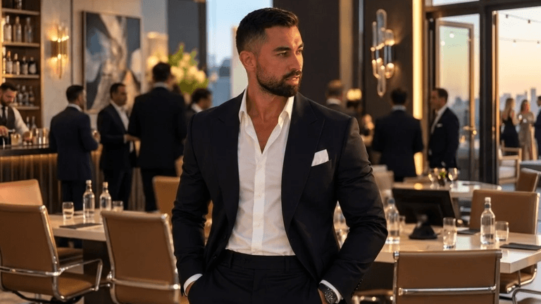 Man in a suit stands confidently in an elegant rooftop setting with guests mingling