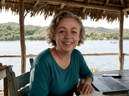 Smiling woman sitting at a wooden table by a lake, with a laptop and books.