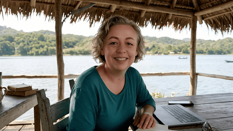 Smiling woman sitting at a wooden table by a lake, with a laptop and books.