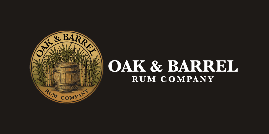Logo of Oak & Barrel Rum Company featuring a barrel and sugarcane graphics