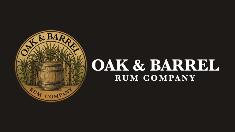 Logo of Oak & Barrel Rum Company featuring a barrel and sugarcane graphics