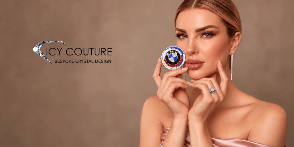 A woman holds a colorful crystal design, showcasing elegant jewelry against a neutral background