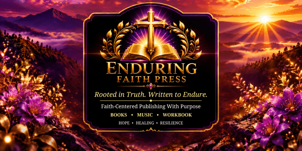 Vibrant graphic featuring a cross and open book, promoting Enduring Faith Press and its mission