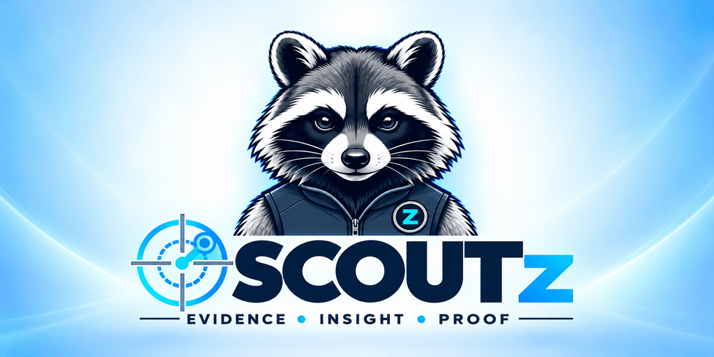 Logo featuring a raccoon in a vest with the name SCOUTZ and tagline.