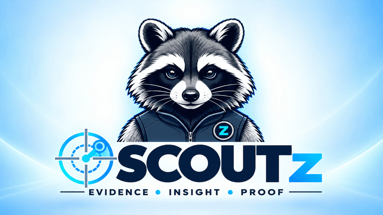 Logo featuring a raccoon in a vest with the name SCOUTZ and tagline.