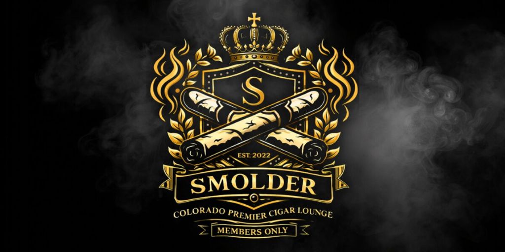 Smolder Cigar Lounge gold crest logo with crossed cigars, crown, and smoke on a black background.