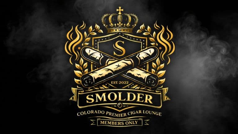 Smolder Cigar Lounge gold crest logo with crossed cigars, crown, and smoke on a black background.